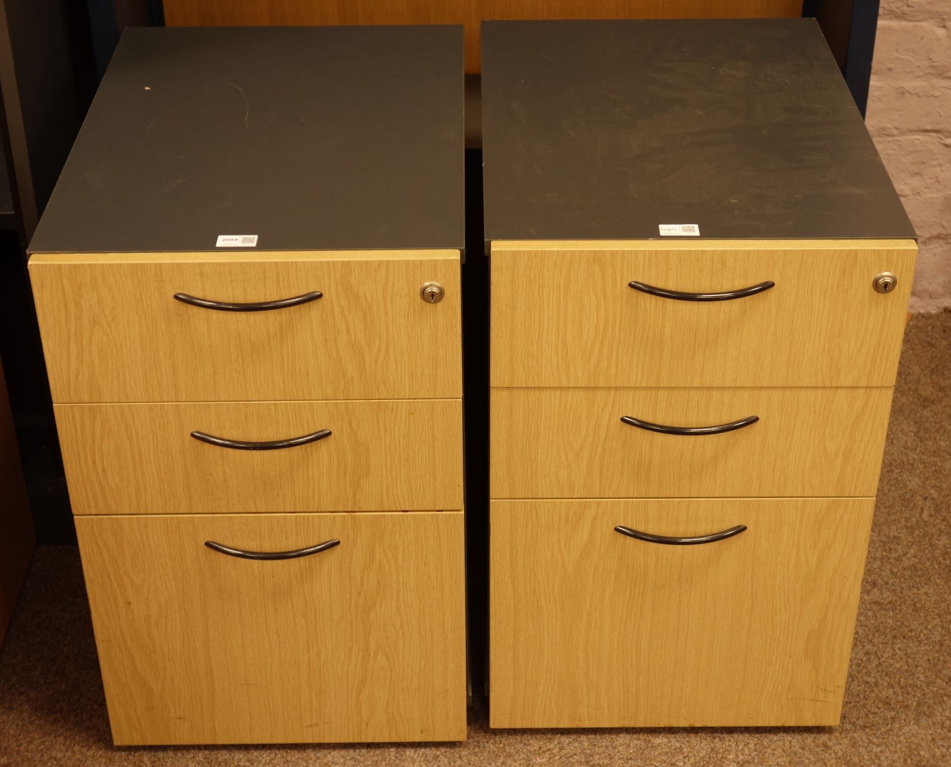 Pair light oak and grey finish three drawer office pedestal filing cabinets, W42cm, H66cm,