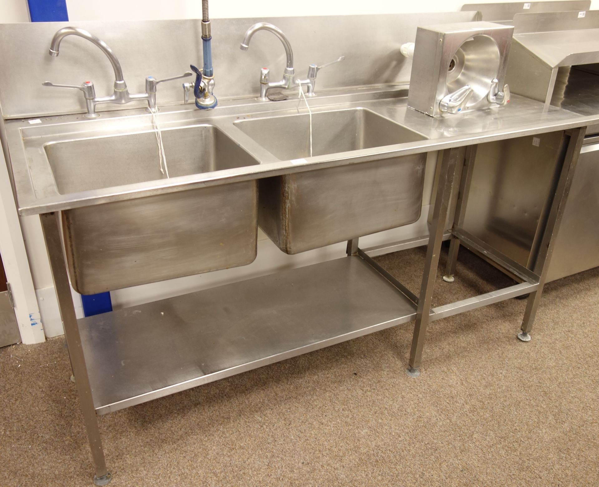 Commercial stainless steel two tier double sink with right hand drainer,