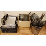 Two stainless steel buckets, kitchen knives, basket fryers, baking trays etc...