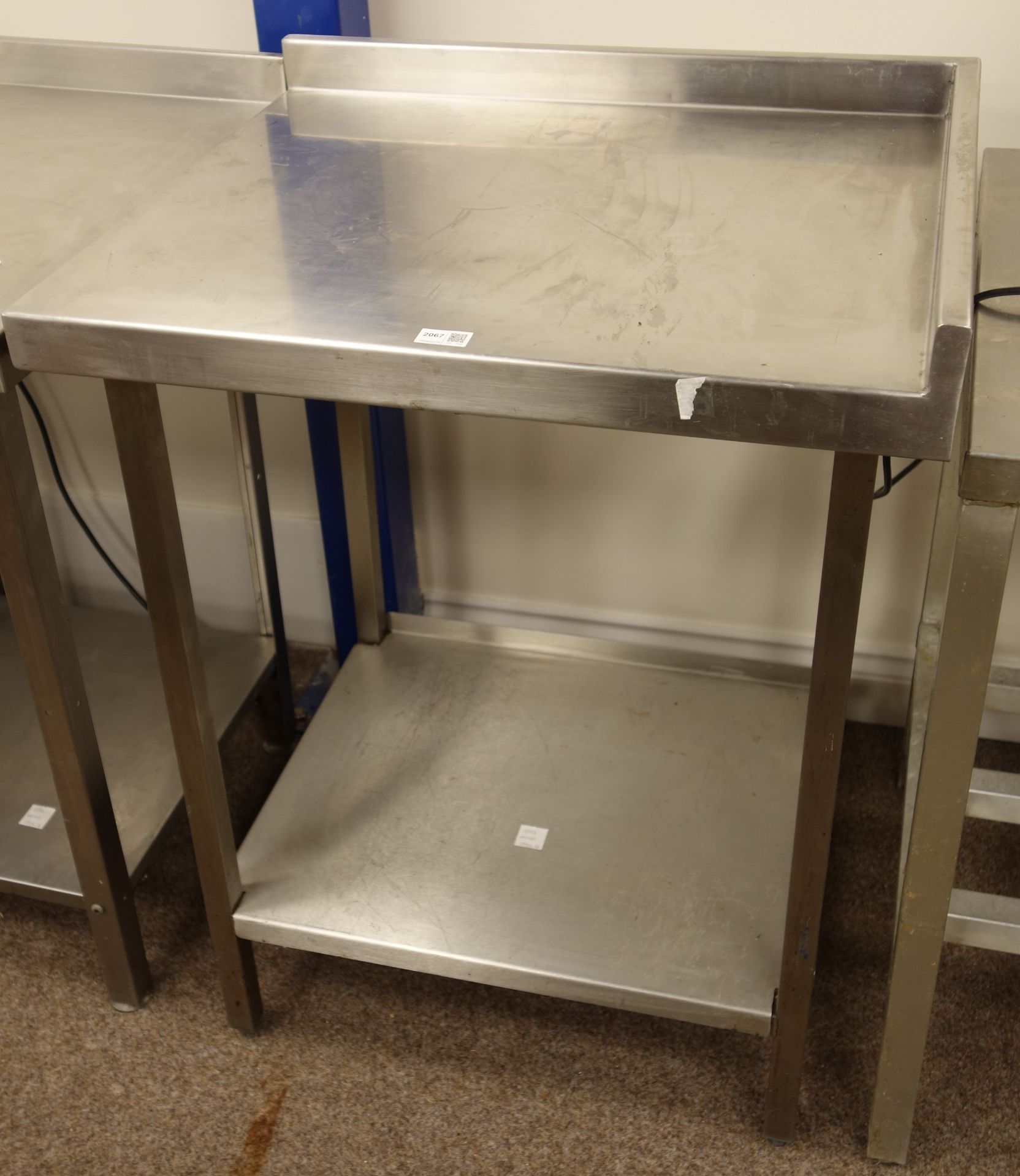 Commercial stainless steel two tier corner preparation table with raised back, 60cm x 70cm,