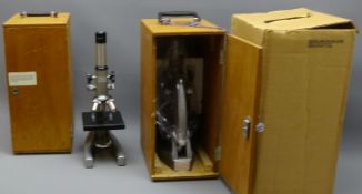Two Meiji-Labex Model TM-1A grey japanned Microscopes with rack & pinion coarse & fine adjustment,