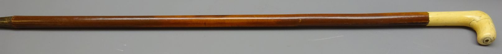 Georgian malacca Walking stick with shaped Narwhal handle, metal ferrule,