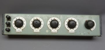 Cambridge Instruments AC-DC Decade Resistor L-397880, with five dials in two tone green metal case,