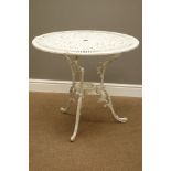 Ornate white painted cast alloy circular garden table, D80cm,