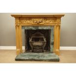 Adams style carved pine fireplace surround with carved floral and acanthus leaf mounts,