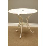 Ornate white painted cast alloy circular garden table, D80cm,