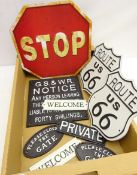 Eight cast iron signs; Railway type plaque, two 'Route USA 66', two 'Please Close The Gate',