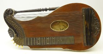 19th century Zither, probably German, rosewood body with ivorine edging, ivory tuning pegs,