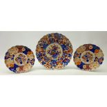 Pair early 20th century Japanese Imari pattern plates and another larger all with scalloped rim,