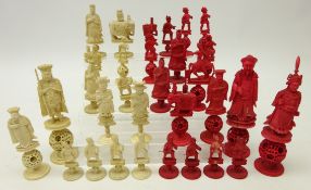 19th century carved ivory part matched chess set, red stained and natural,