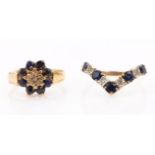 Sapphire and diamond gold wishbone ring and sapphire and diamond gold cluster ring both hallmarked