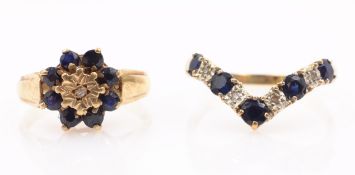Sapphire and diamond gold wishbone ring and sapphire and diamond gold cluster ring both hallmarked