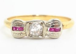 Ruby and old cut diamond gold bow ring tested to 18ct Condition Report Approx 1.