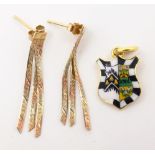 Gold and enamel Gonville & Caius College Cambridge travel charm stamped 18ct and pair 9ct gold