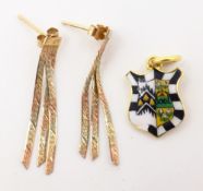 Gold and enamel Gonville & Caius College Cambridge travel charm stamped 18ct and pair 9ct gold