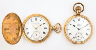Gold-plated hunter pocket watch by Elgin and a gold-plated pocket watch by Waltham both crown wound