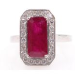 Natural ruby and diamond white gold ring hallmarked 18ct, ruby approx 2.