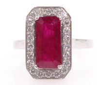 Natural ruby and diamond white gold ring hallmarked 18ct, ruby approx 2.