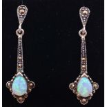 Pair of opal and marcasite silver pendant ear-rings stamped 925 Condition Report