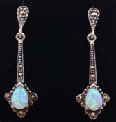 Pair of opal and marcasite silver pendant ear-rings stamped 925 Condition Report