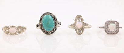 Turquoise and marcasite silver ring and three opal and stone set rings stamped Condition