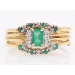Three emerald and diamond stacking rings hallmarked 9ct Condition Report One has a
