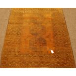 Persian Bokhara gold ground rug, triple large Gul motifs,