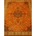 Large Persian Kashan design rust ground rug carpet, large rosette medallion,