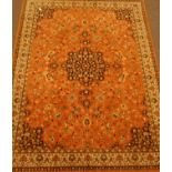 Large Persian Kashan design rust ground rug carpet, large rosette medallion,