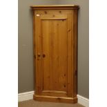 Polished pine floor standing corner cupboard, single door, plinth base, W72cm,