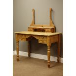 Waxed pine kneehole dressing table, four drawers, on turned supports, W108cm, H76cm,