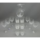 Stuart crystal 'Cascade' pattern jug, set of six wine goblets and six tumblers,