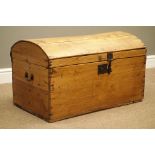 19th century polished and waxed pine dome top trunk with wrought metal lock and fittings, W81cm,