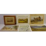 Collection of unframed watercolours and prints including Farm Sale,