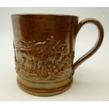 19th century salt glaze relief moulded tankard depicting a hunting scene and impressed Roger