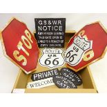 Seven cast iron signs; Railway type plaque, two 'Route US 66', two 'Please Close The Gate',