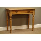 19th century pine side table with single drawer, on turned supports, W92cm, H74cm,