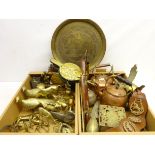 Brass pheasants, copper kettle, brass gong, horse brasses,