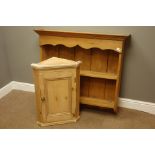 Waxed pine two tier wall rack and a pine corner cabinet