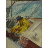 Fisherman with Catch, 20th century oil board signed by Ariadne Allison titled verso 'Summer 1962',