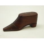 19th century mahogany and pique work shoe snuff box, L10.