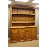 Large traditional pine kitchen dresser, four drawer above four panelled doors,