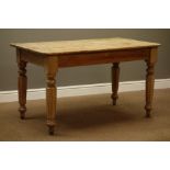 Victorian pine table, rectangular top with rounded corners, turned supports, 123cm x 71cm,