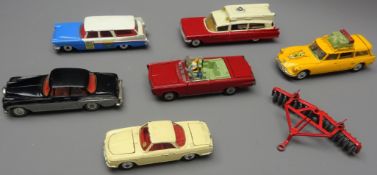 Corgi diecast Saloon Cars: Chrysler Imperial with golf trolley, Citroen Safari, Superior Ambulance,