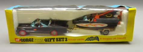 Corgi Toys Gift Set 3 Rocket Firing Batmobile & Batboat on Trailer, black Batmobile with red tyres,