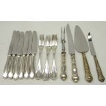 Set of six Art Deco German silver-plated knives and forks, pair of carvers,