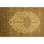 Persian Kashan ivory ground rug carpet, interlacing blue foliage and floral design,