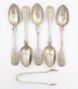 Set of five silver teaspoons fiddle pattern by Reid & Sons Newcastle 1844 and pair of sugar tongs