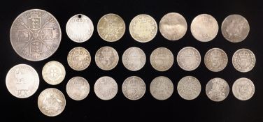 Victorian silver double florin, silver threepenny pieces and 1887 sixpence approx 2.