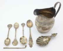 Silver cream jug London 1798, caddy spoon Sheffield 1911,